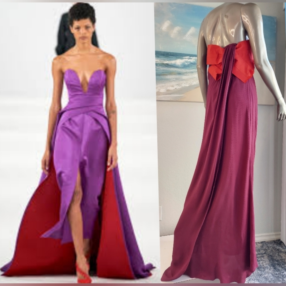 $5,200 CAROLINA HERRERA PURPLE RED COLORBLOCK BOW SILK GOWN US 12 - Picture 13 of 14